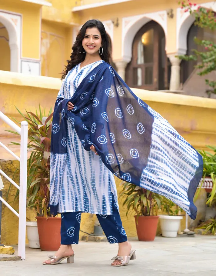 Blue & White Viscose Tie Dye & Printed Straight Cut Kurta Pant Set with Chanderi Cotton Dupatta