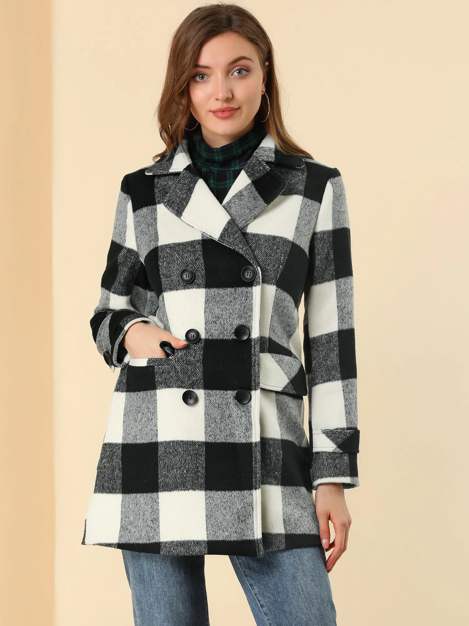 Buffalo Checks Double Breasted Notched Lapel Plaid Trench Pea Coat