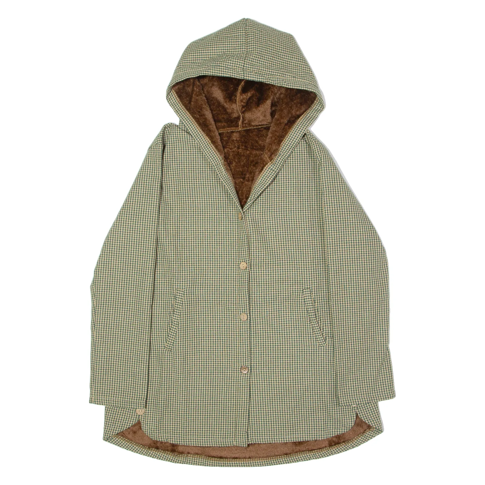 Faux Fur Lined Womens Overcoat Coat Green Hooded Check L