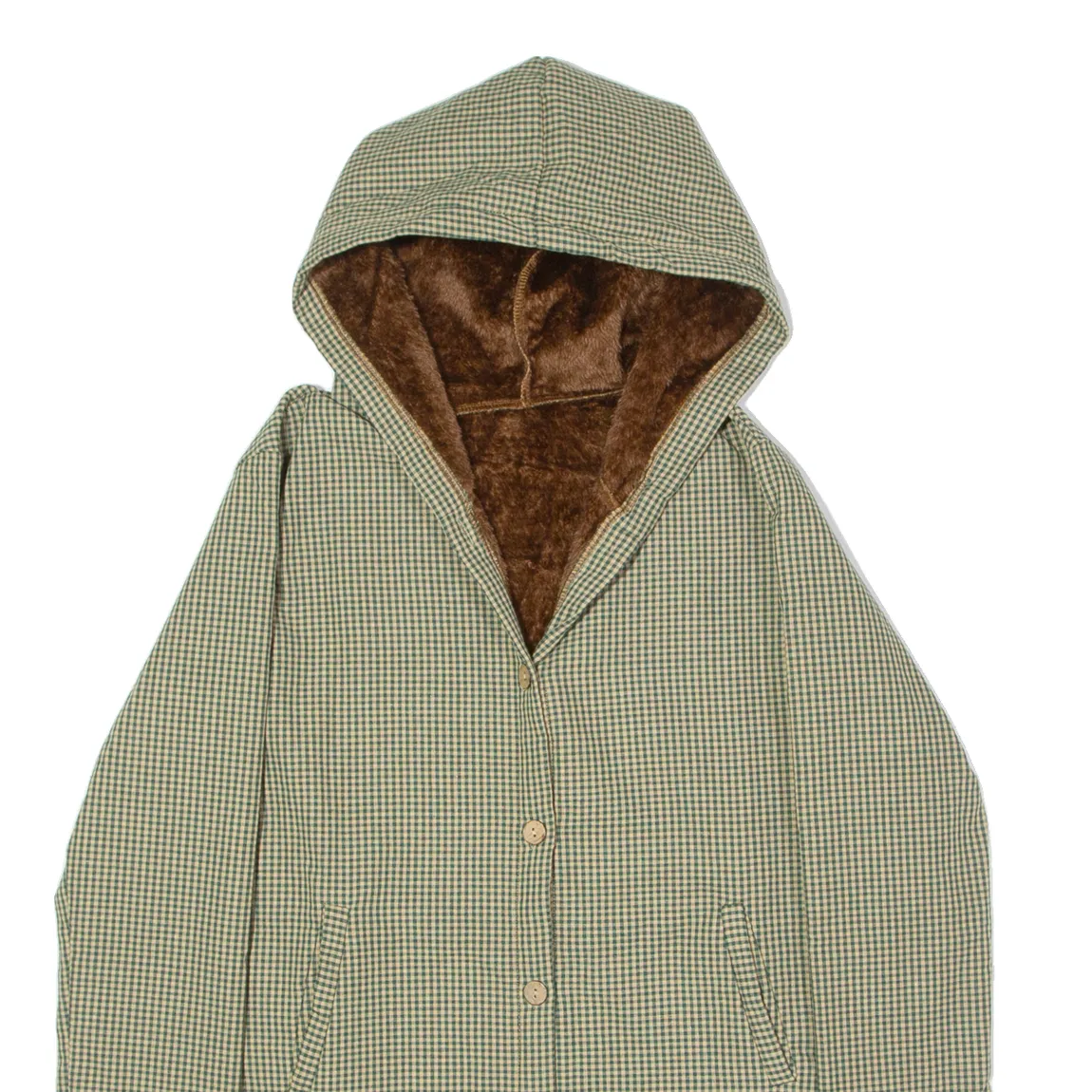 Faux Fur Lined Womens Overcoat Coat Green Hooded Check L