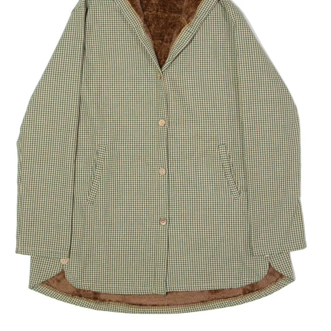 Faux Fur Lined Womens Overcoat Coat Green Hooded Check L