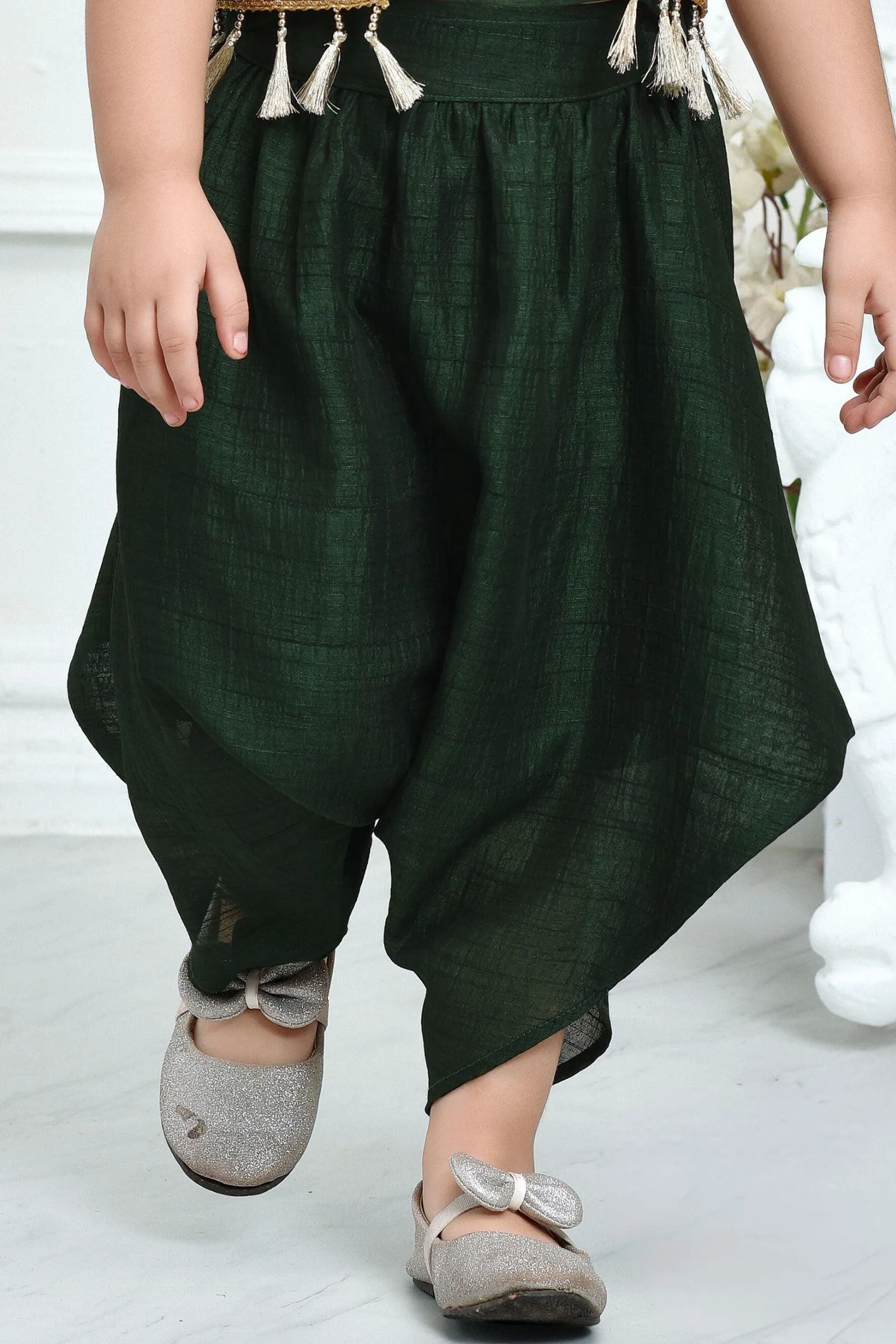 Green Printed and Lace work Overcoat with Dhoti Styled Choli for Girls