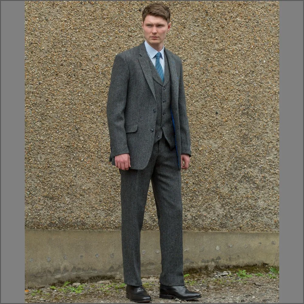 Harris Tweed Heather Blue Herringbone 3pc Suit>