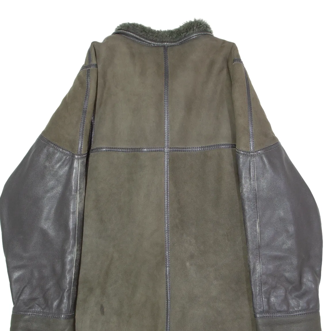 KESTILA Womens Overcoat Coat Green Shearling Suede 90s Colourblock XL