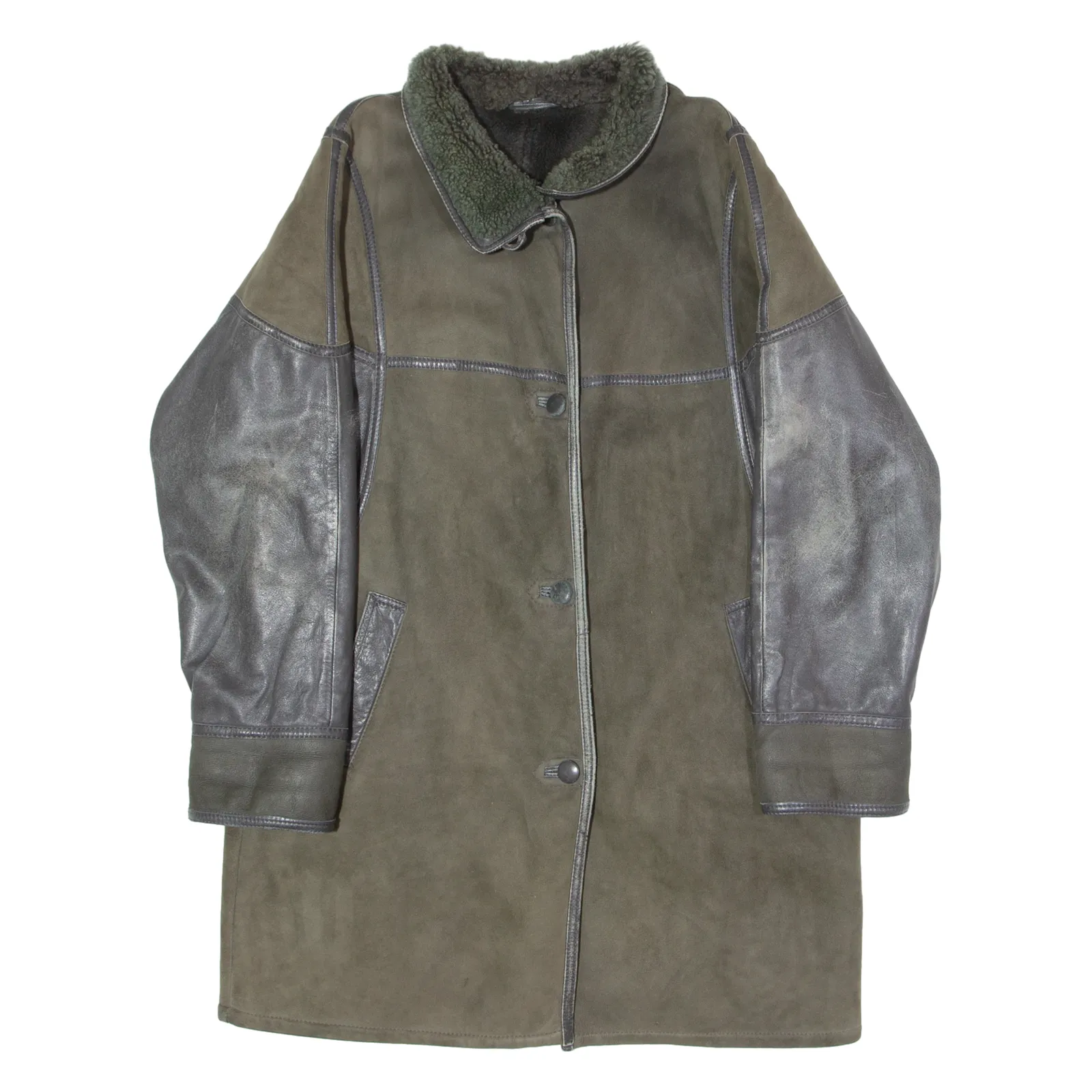 KESTILA Womens Overcoat Coat Green Shearling Suede 90s Colourblock XL