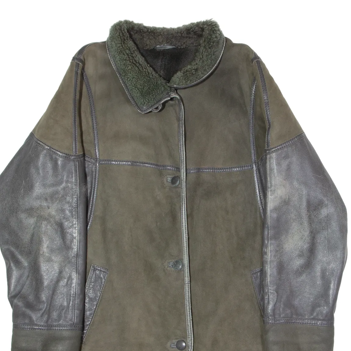 KESTILA Womens Overcoat Coat Green Shearling Suede 90s Colourblock XL