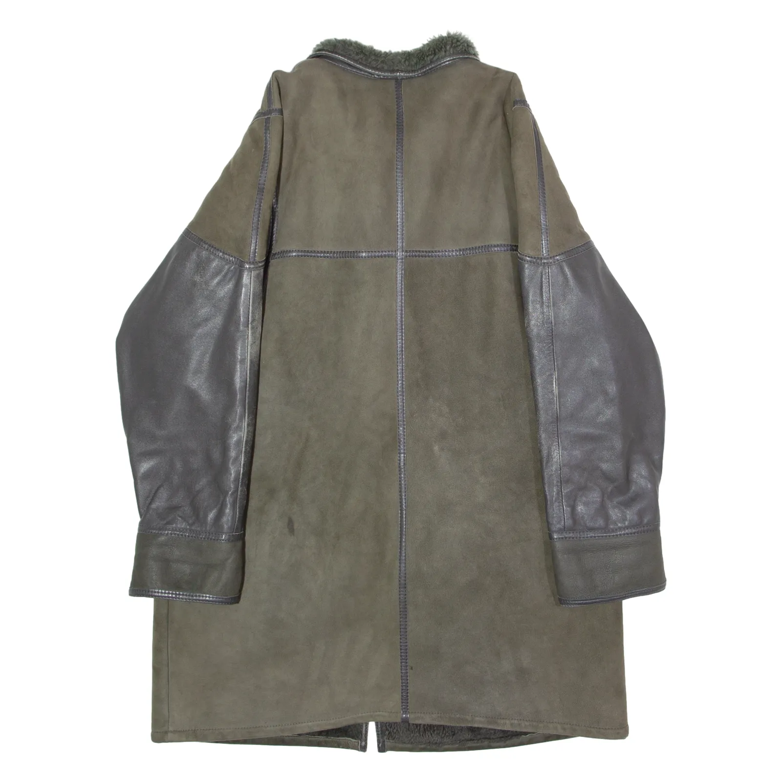 KESTILA Womens Overcoat Coat Green Shearling Suede 90s Colourblock XL