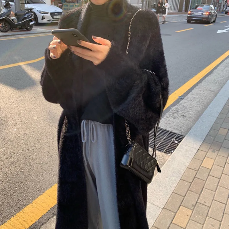 Lanfubeisi 2024 fall fashion trends Korean Style Autumn and Winter New Style Faux Mink Velvet Sweater Women's Cardigan Outer Wear over the Knee Long Loose Overcoat Women's Coat
