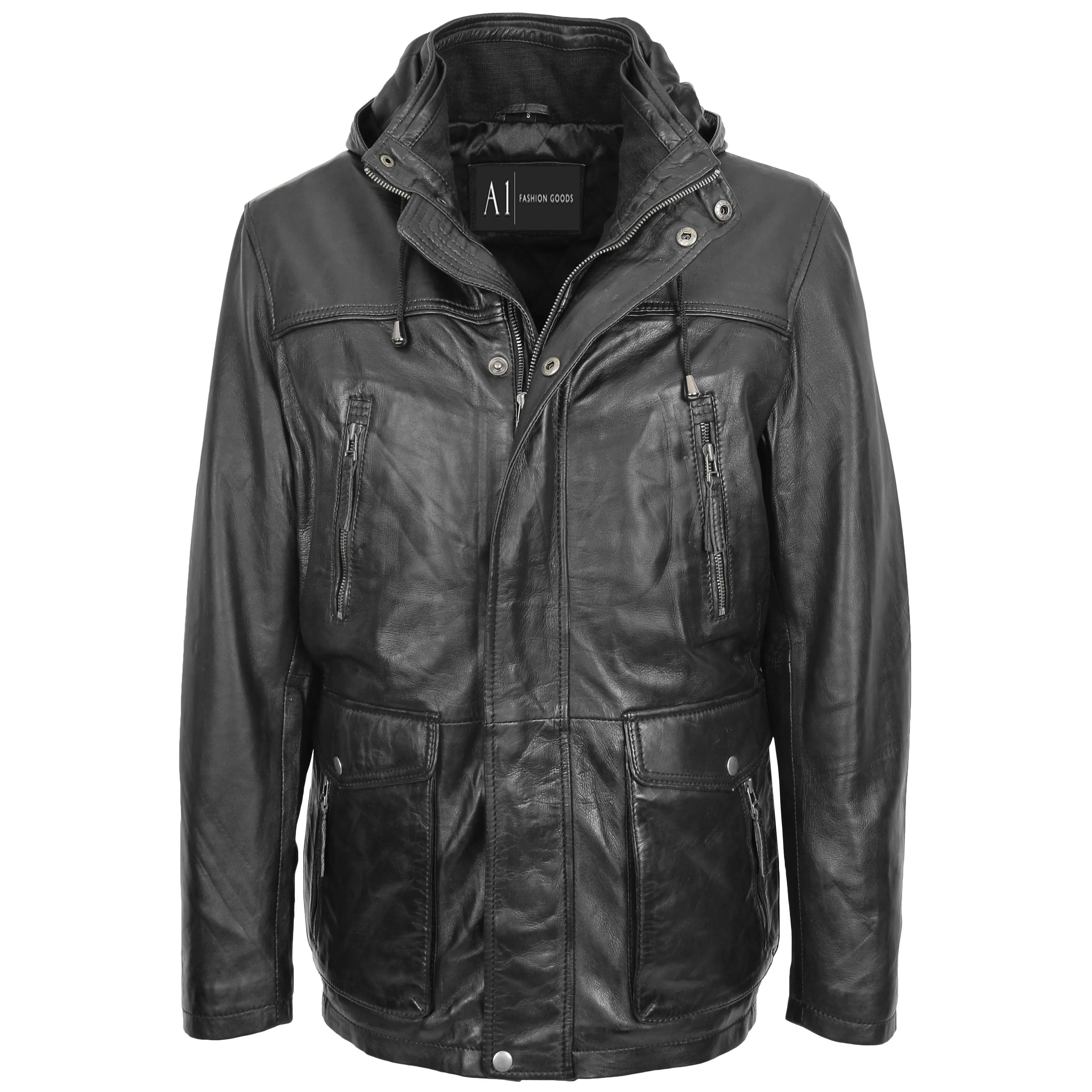 Mens Soft Leather Parka With Hood 3/4 Long Coat DAVE Black