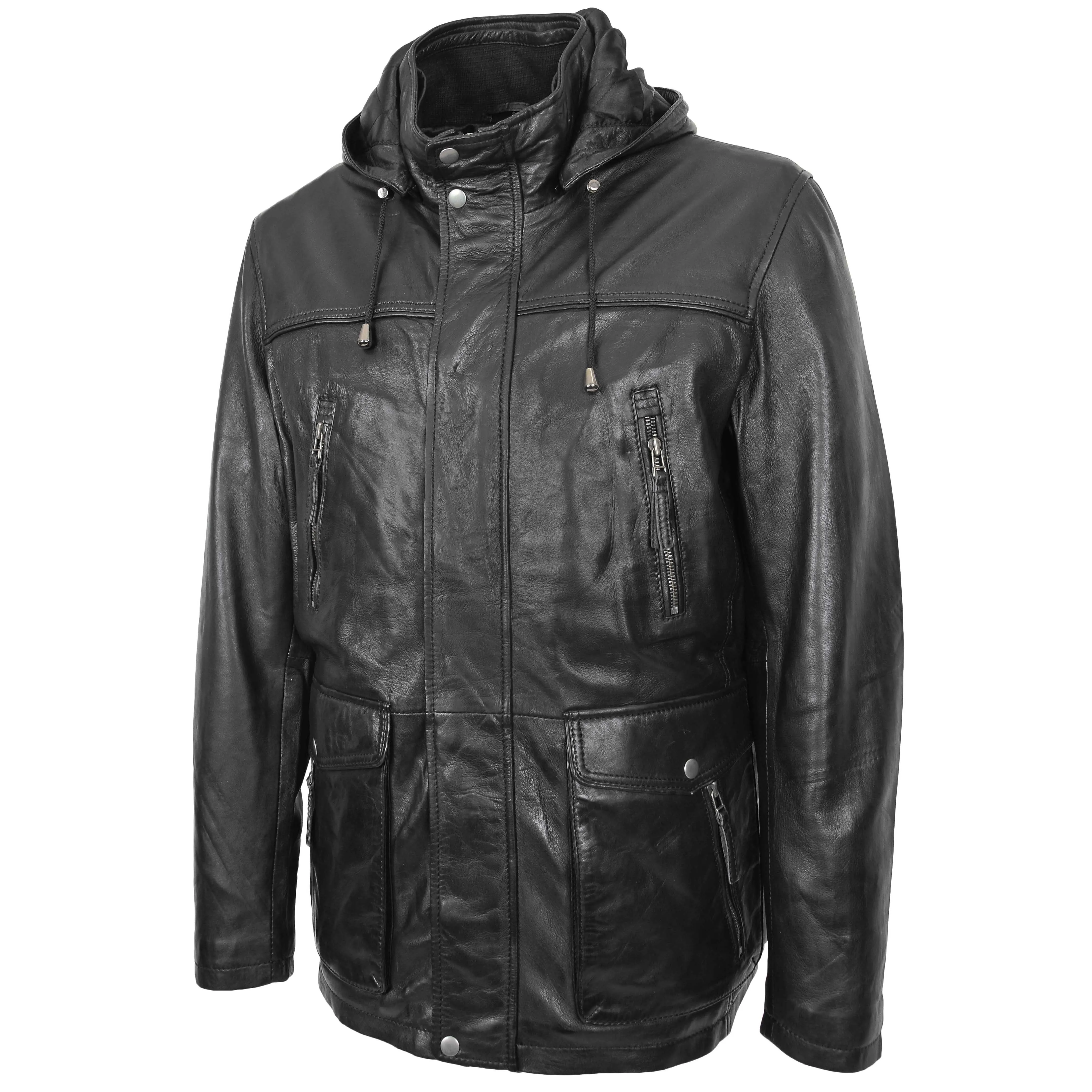 Mens Soft Leather Parka With Hood 3/4 Long Coat DAVE Black