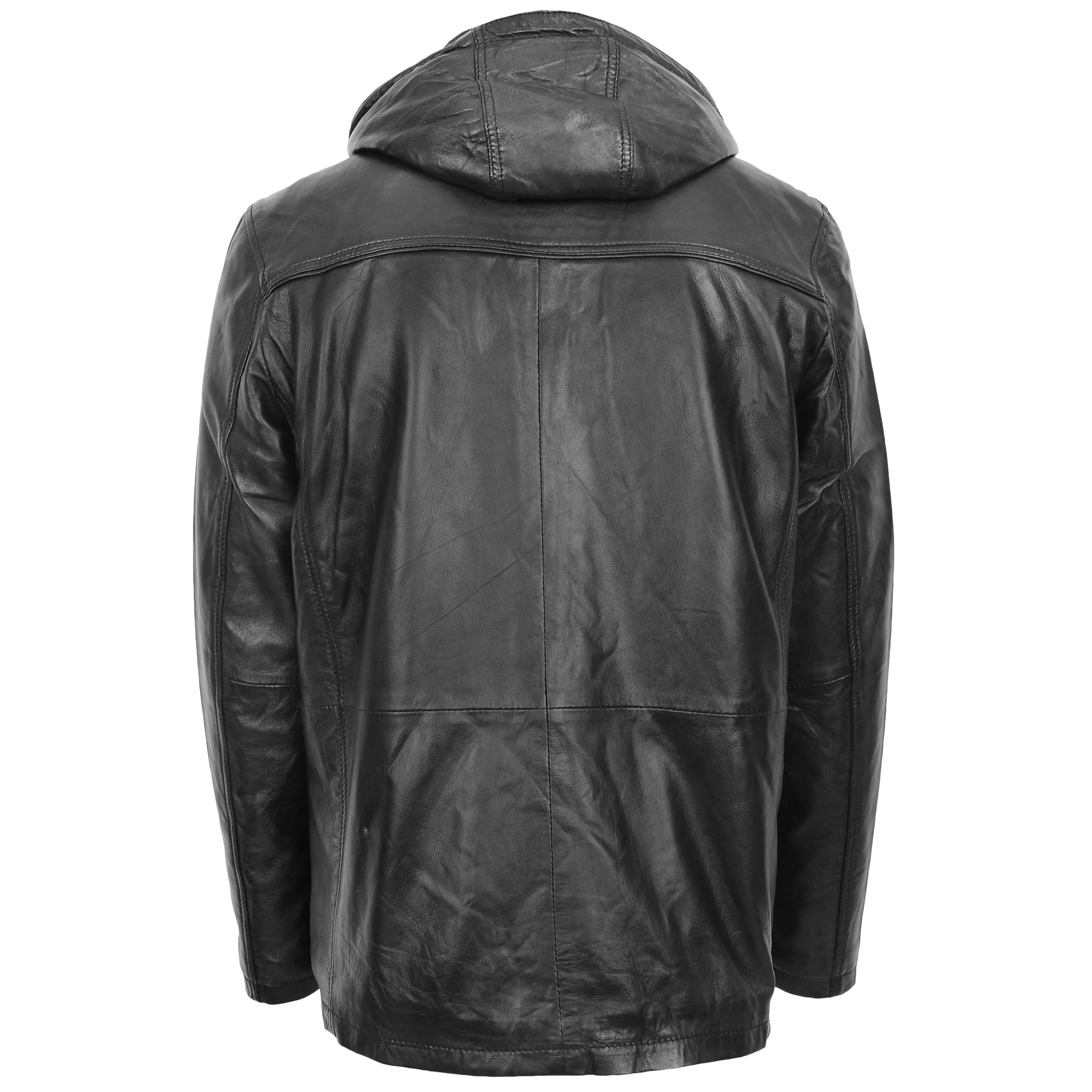 Mens Soft Leather Parka With Hood 3/4 Long Coat DAVE Black