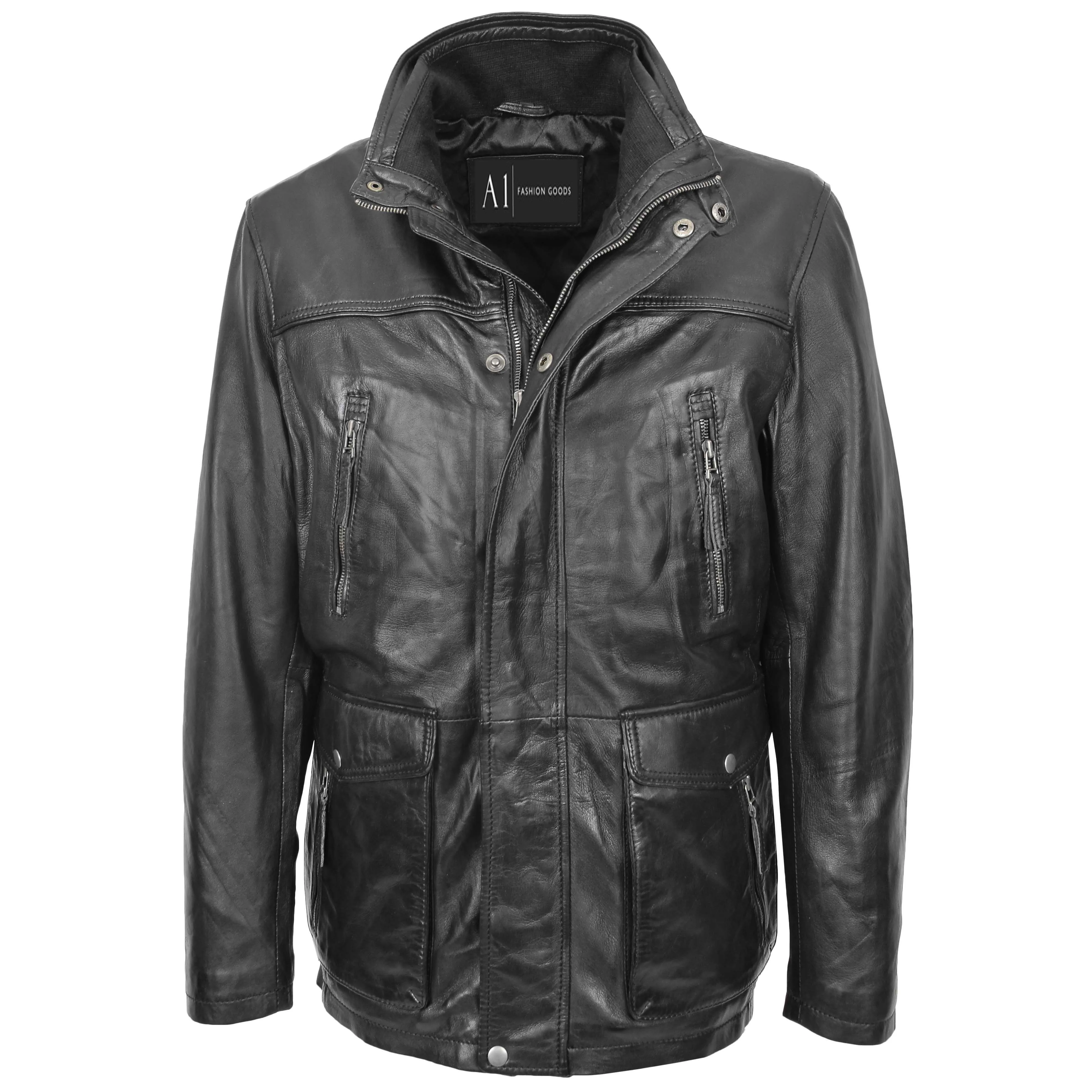 Mens Soft Leather Parka With Hood 3/4 Long Coat DAVE Black