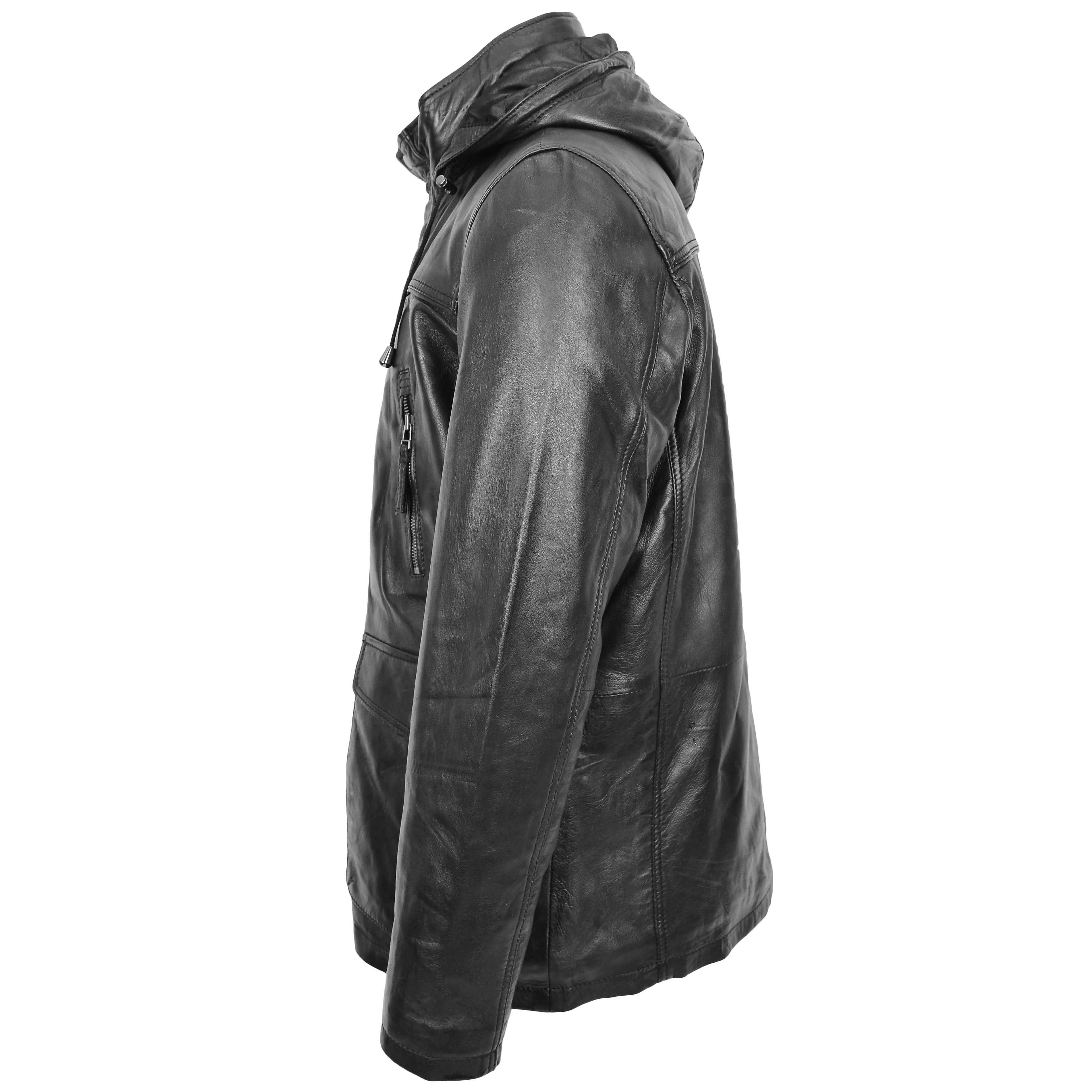 Mens Soft Leather Parka With Hood 3/4 Long Coat DAVE Black