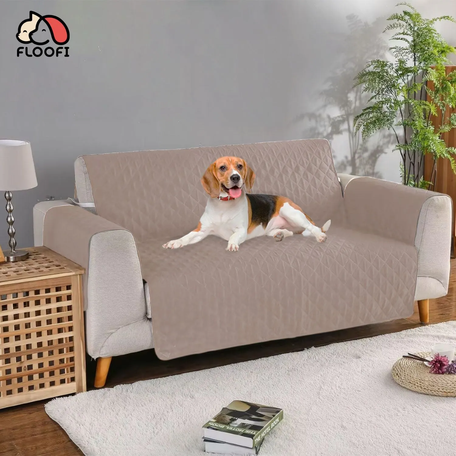 Quilted Non-slip Pet Sofa Cover, 3 Seat Khaki - Floofi