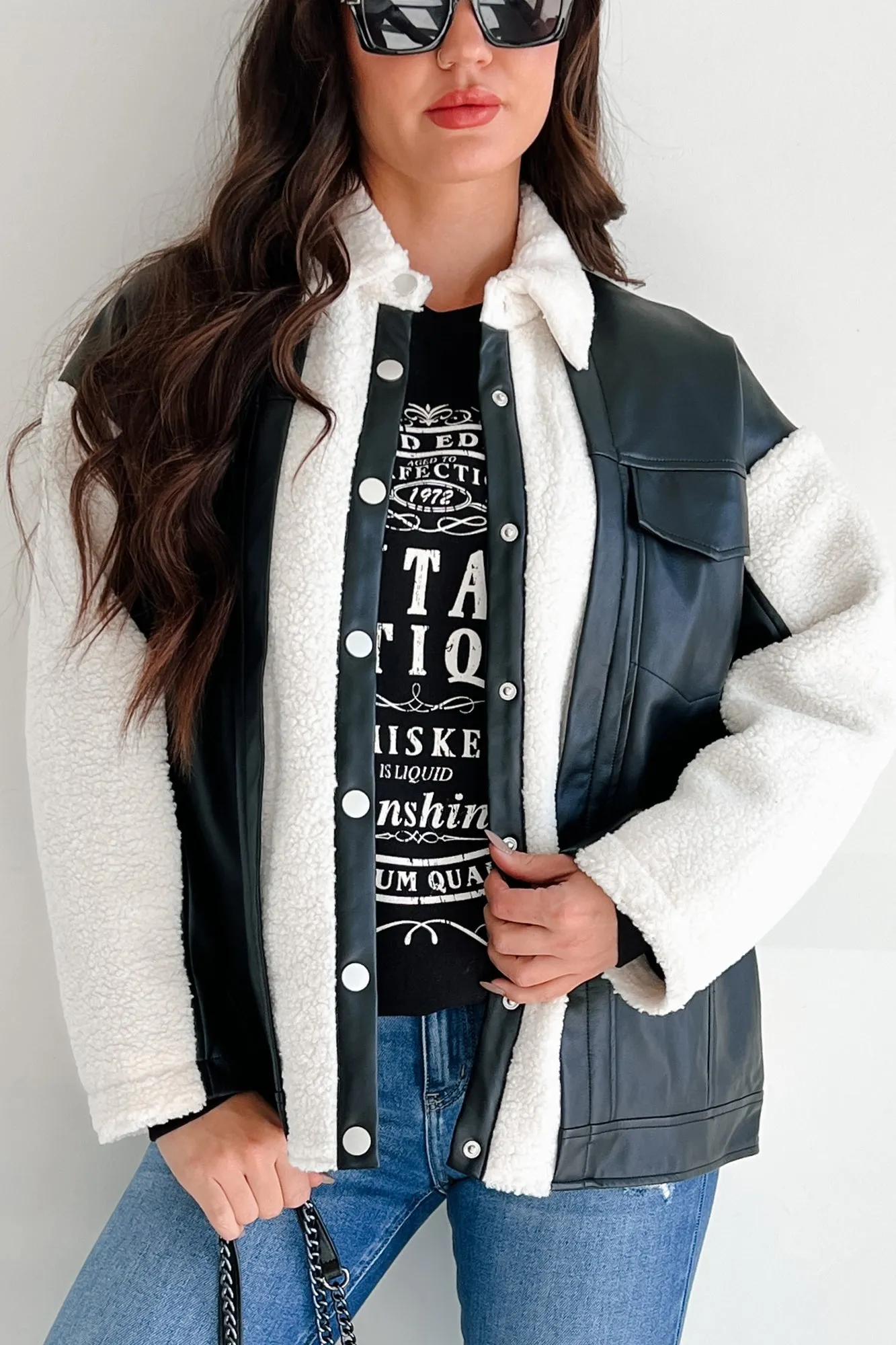 Test Drive Faux Leather Teddy Jacket (Black/White)