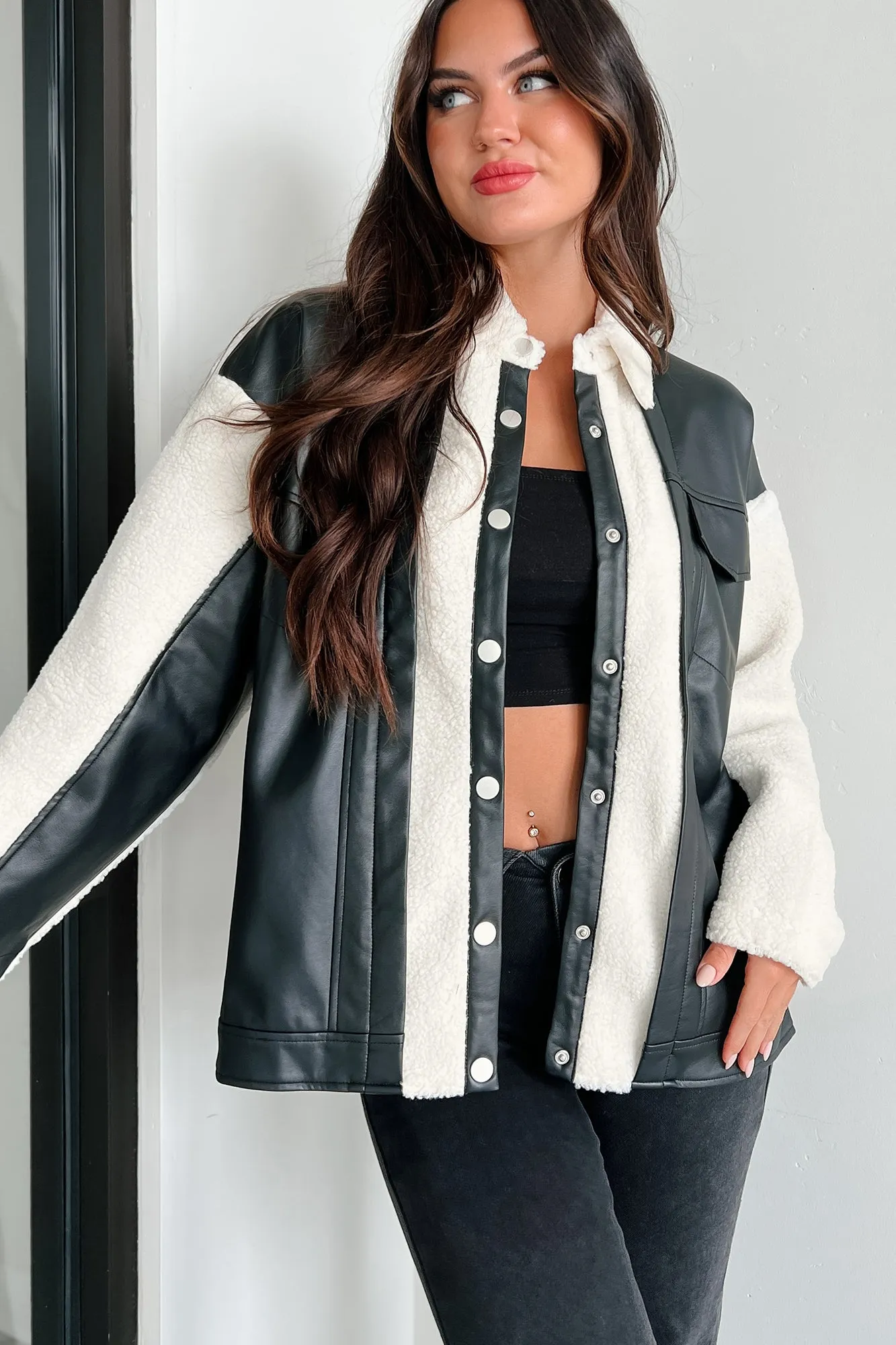 Test Drive Faux Leather Teddy Jacket (Black/White)