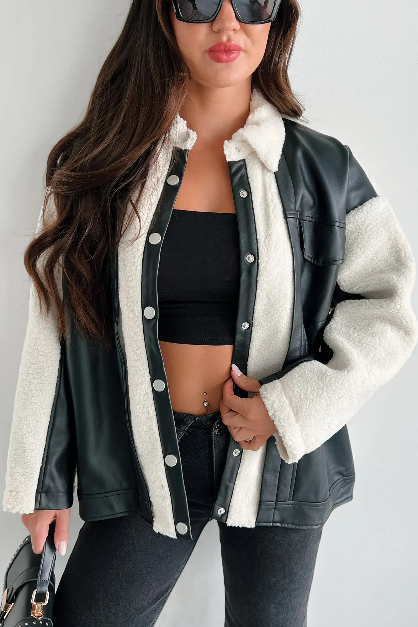 Test Drive Faux Leather Teddy Jacket (Black/White)