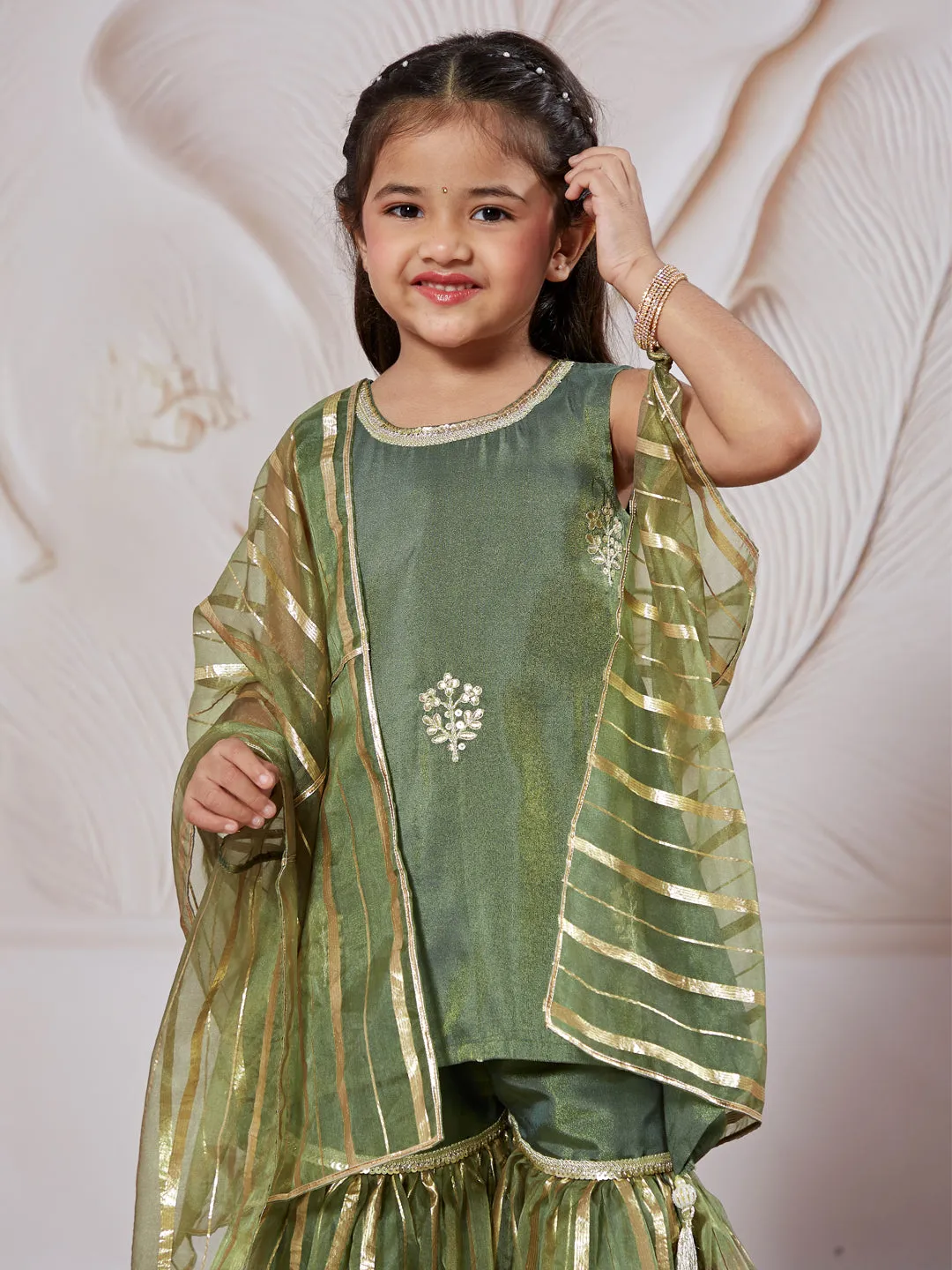 VASTRAMAY Girls' Green Kurta Sharara Set With Dupatta