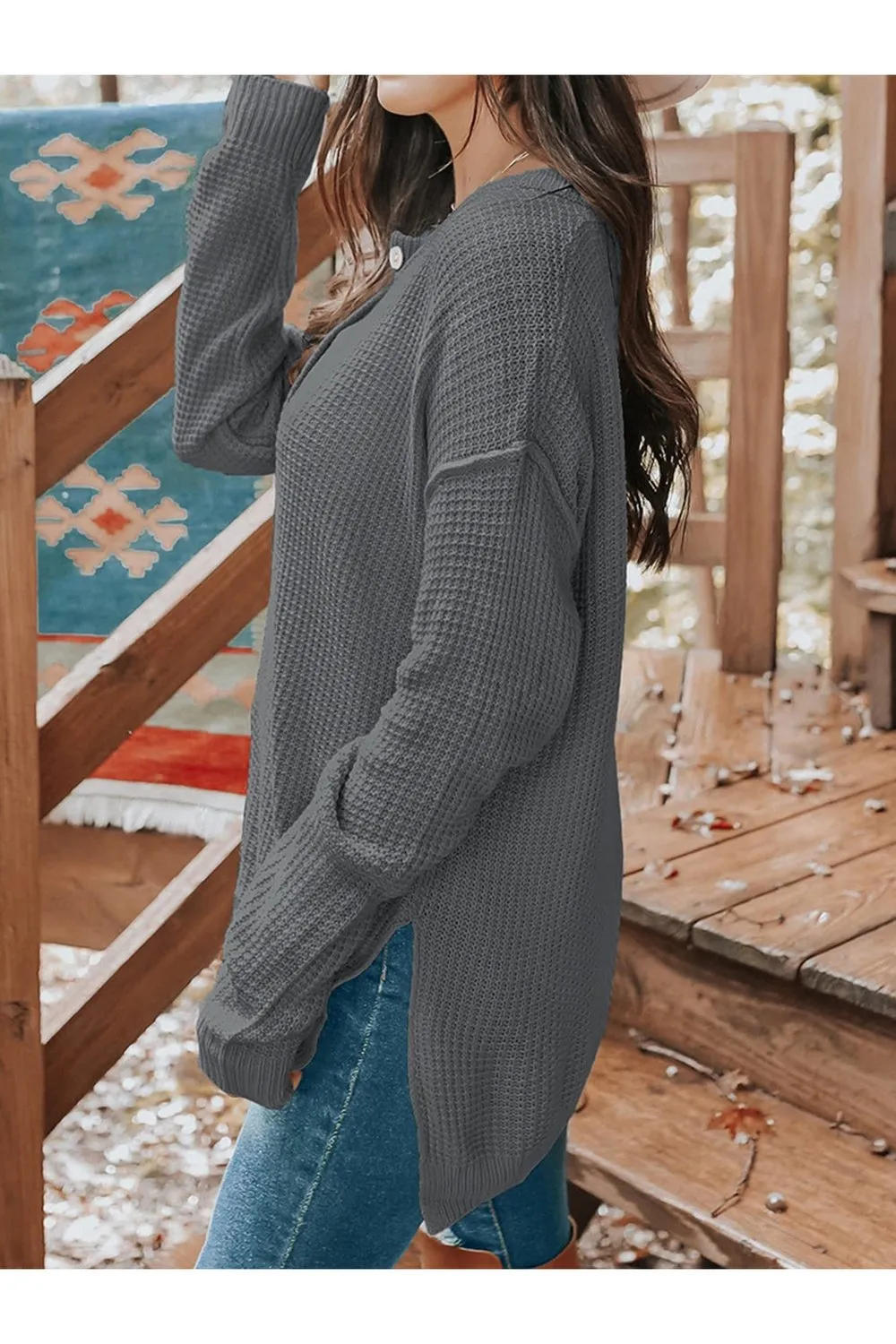 Waffle-Knit Quarter Button Dropped Shoulder Sweater