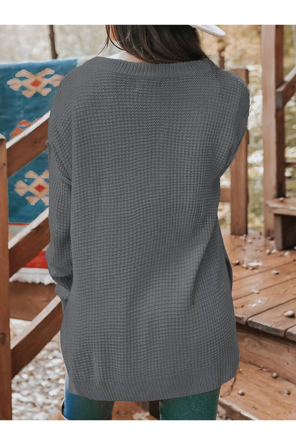 Waffle-Knit Quarter Button Dropped Shoulder Sweater