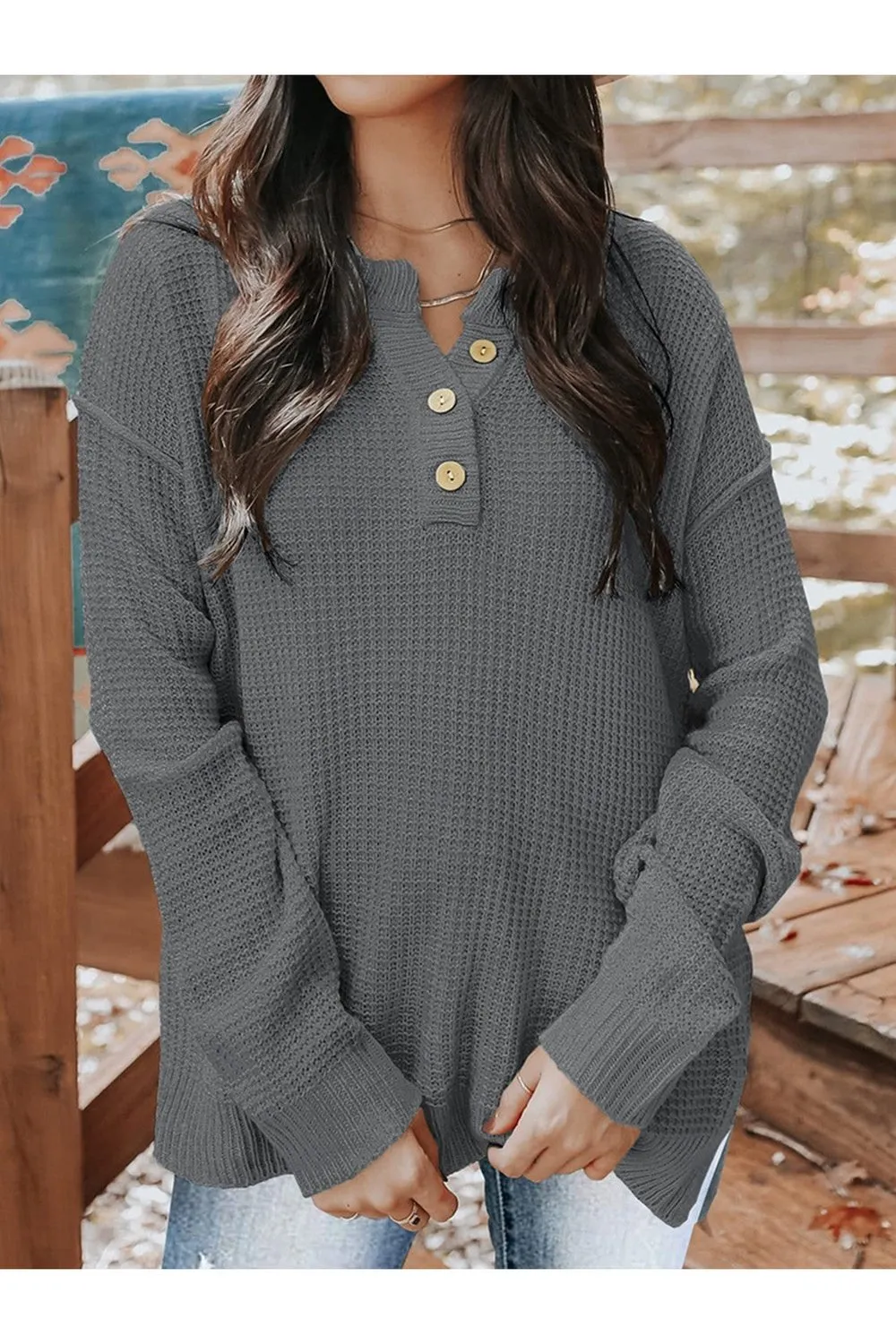Waffle-Knit Quarter Button Dropped Shoulder Sweater