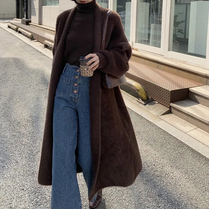 Wjczt 2024 fall fashion trends Korean Style Autumn and Winter New Style Faux Mink Velvet Sweater Women's Cardigan Outer Wear over the Knee Long Loose Overcoat Women's Coat