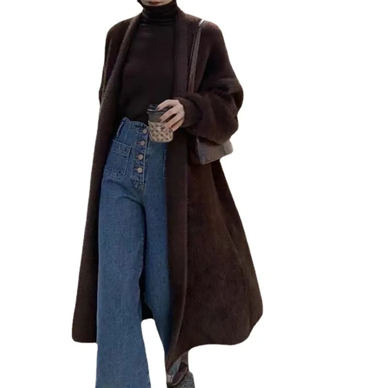 Wjczt 2024 fall fashion trends Korean Style Autumn and Winter New Style Faux Mink Velvet Sweater Women's Cardigan Outer Wear over the Knee Long Loose Overcoat Women's Coat