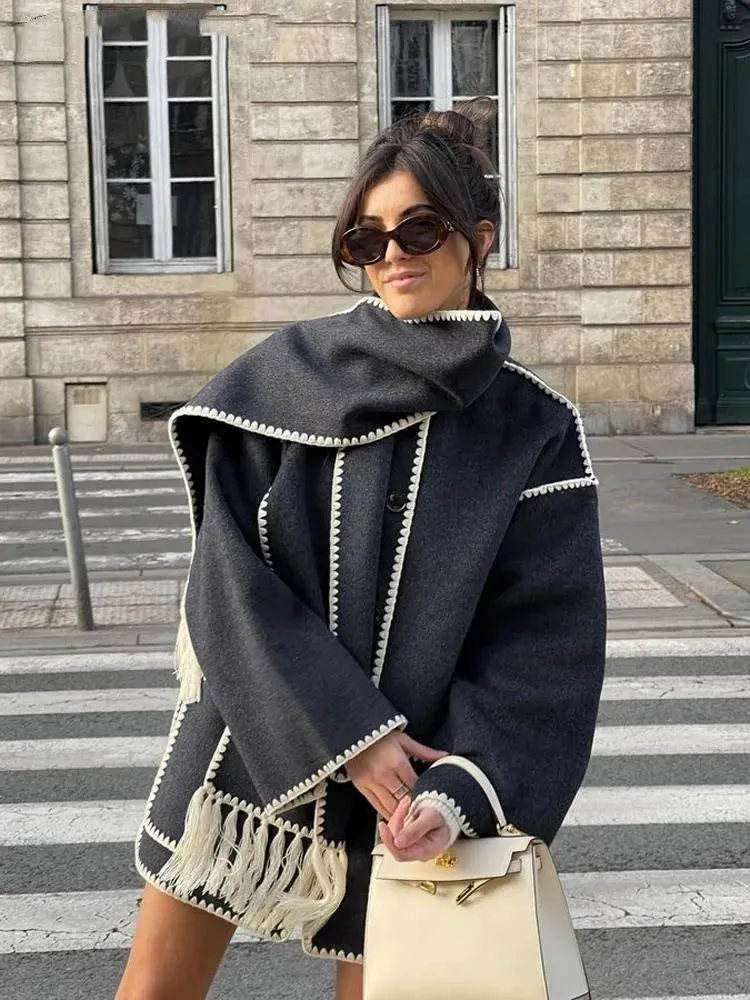 Women Fleece Splice Cotton Coat With Scarf Long Sleeve Solid Plush Quilted Jacket Loose Autumn Blends Balloon Overcoat