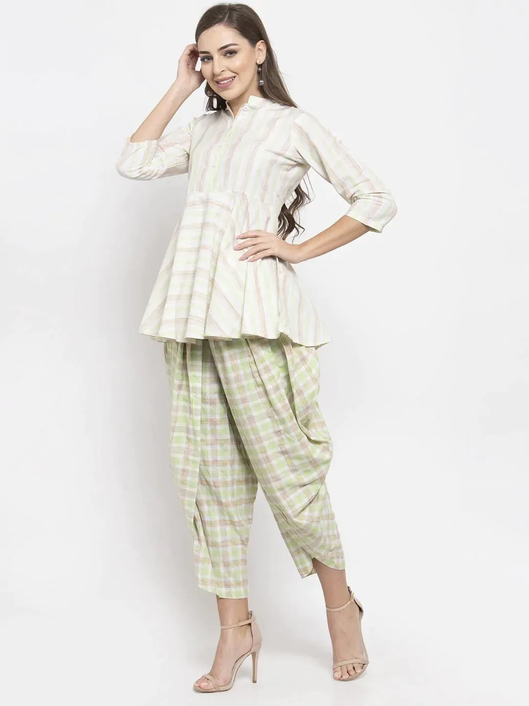 Women Green And White Striped Kurta With Dhoti Pants