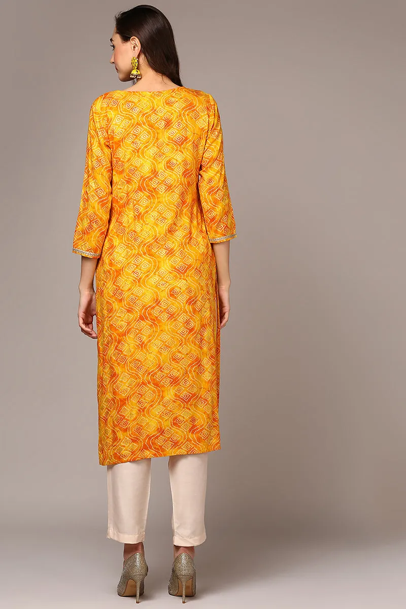 Yellow Viscose Rayon Bandhani Printed Straight Kurta